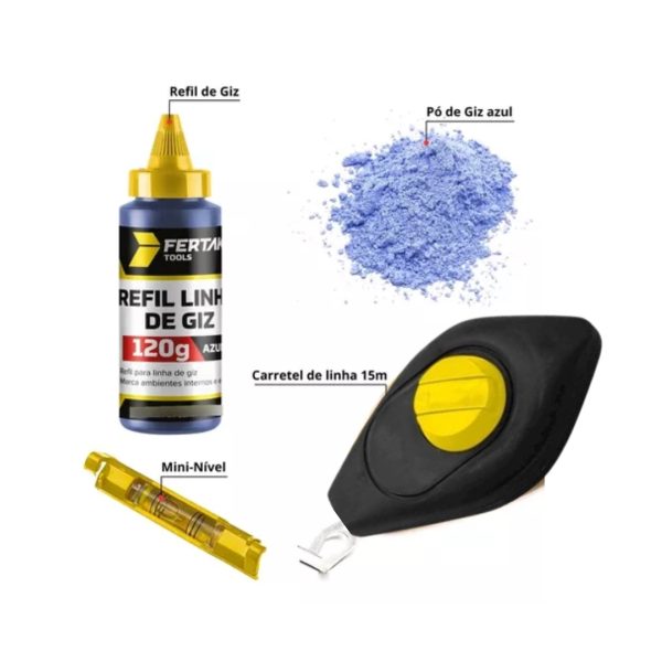carretel de linha com giz 15m tubo com giz 120g mini nível azul fertak carretel de linha com giz 15m tubo com giz 120g mini nível azul fertak