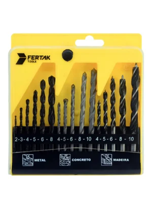 jogo de brocas madeira/concreto/metal 16 peças fertak